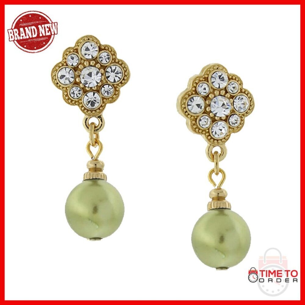 Gold Tone Pearl Crystal Drop Earrings Surgical Steel Posts 1.25"